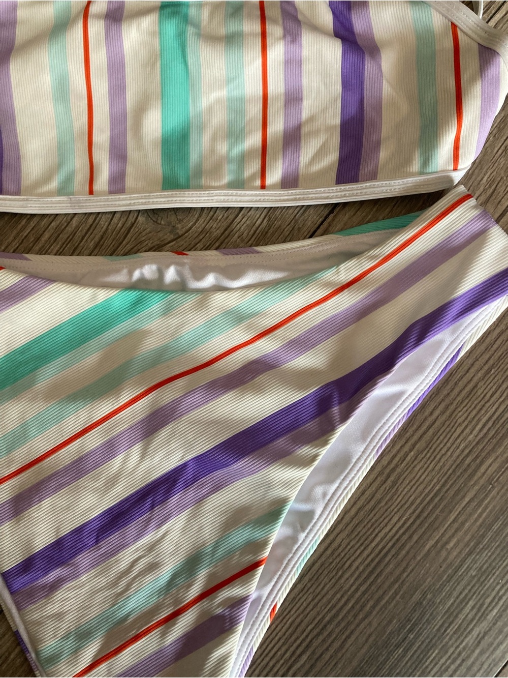 Simons White Bikini with Purple, Teal & Red Stripes